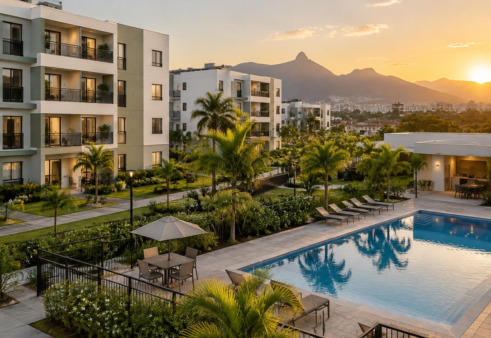 Imagem ilustrativa de um condomínio com piscina, jardins e apartamentos no Rio